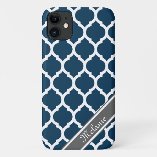 Navy Blue & Gray Lattice Individuelle Name Case-Mate iPhone Hülle (Rückseite)