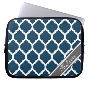Navy Blue & Gray Lattice Individuelle Name Laptopschutzhülle
