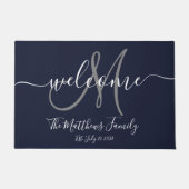 Navy Blue Gray Monogram Script Newlweds Hochzeit Fußmatte (Vorderseite)