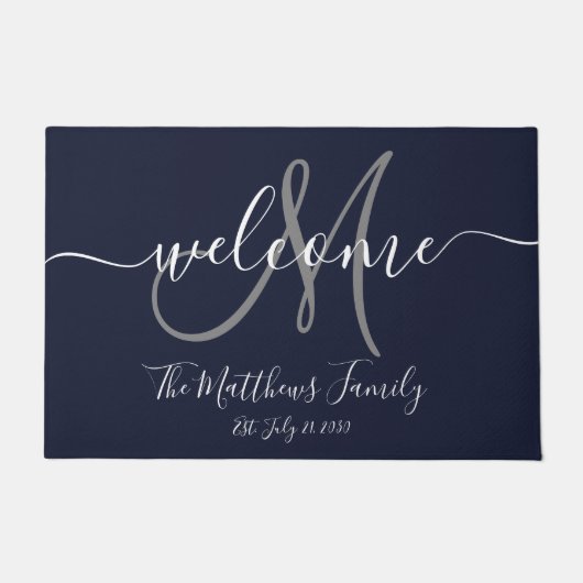 Navy Blue Gray Monogram Script Newlweds Hochzeit Fußmatte (Vorderseite)