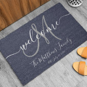 Navy Blue Gray Monogram Script Newlweds Hochzeit Fußmatte