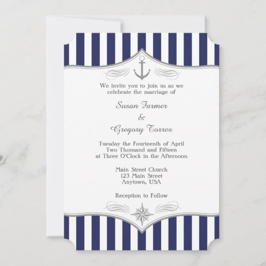Navy Blue Gray Nautical Wedding Einladung (Vorderseite)