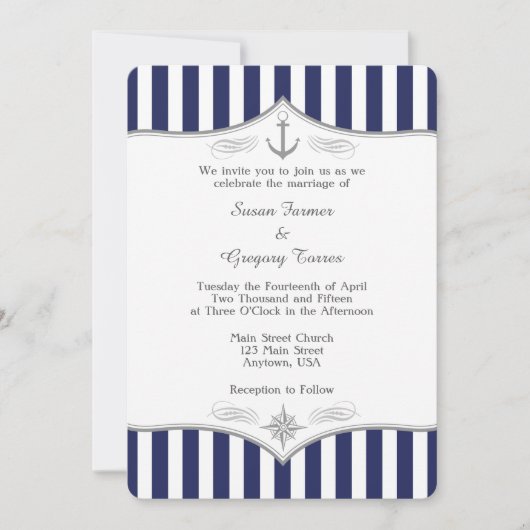 Navy Blue Gray Nautical Wedding Einladung (Vorderseite)