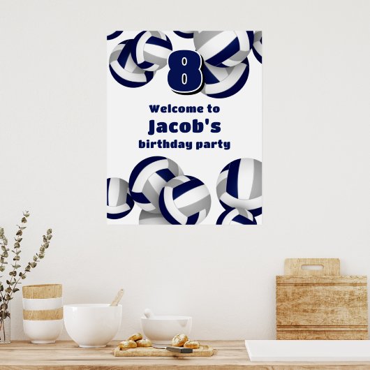 navy blue gray volleyballs birthday party welcome poster (Küche)