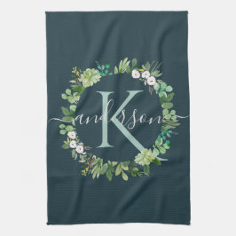 NAVY BLUE GRAY WREATT FOLIAGE WATERCOLOR MONOGRAM GESCHIRRTUCH