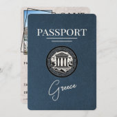 Navy Blue Greece Passport Save the Date Card (Vorne/Hinten)