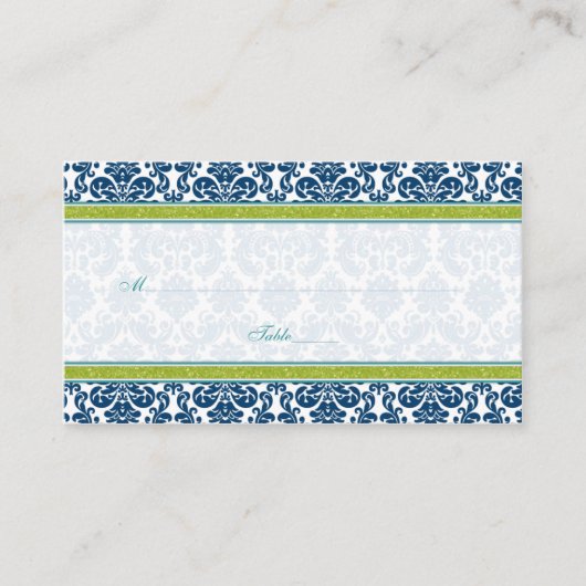 Navy Blue Green Aquamarin Damask Hochzeitsseminare Platzkarte (Vorderseite)