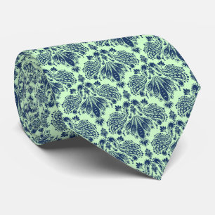 Navy Blue & Green Floral Damasks Muster Neck Tie Krawatte