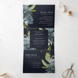 NAVY BLUE GREEN GOLD FLORAL WATERCOLOR WEDD DREIFACH GEFALTETE EINLADUNG