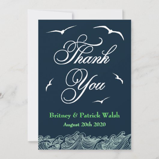 Navy Blue & Green Nautical Wedding Danke Karten (Vorderseite)