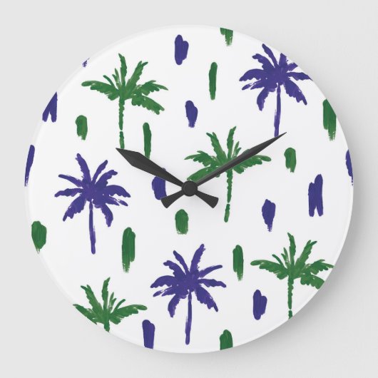 Navy Blue Green Palm Muster Große Wanduhr (Vorderseite)