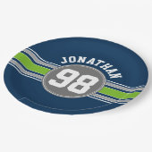 Navy Blue Green Sports Jersey Streifen Name Number Pappteller (Schrägansicht)