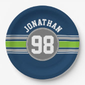 Navy Blue Green Sports Jersey Streifen Name Number Pappteller (Vorderseite)