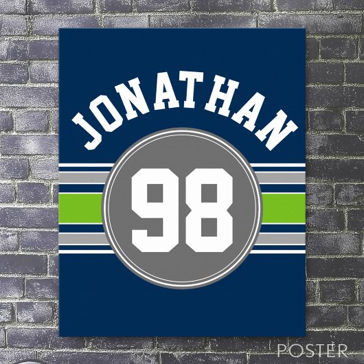 Navy Blue Green Sports Jersey Streifen Name Number Poster