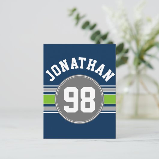 Navy Blue Green Sports Jersey Streifen Name Number Postkarte (Stehend Vorderseite)