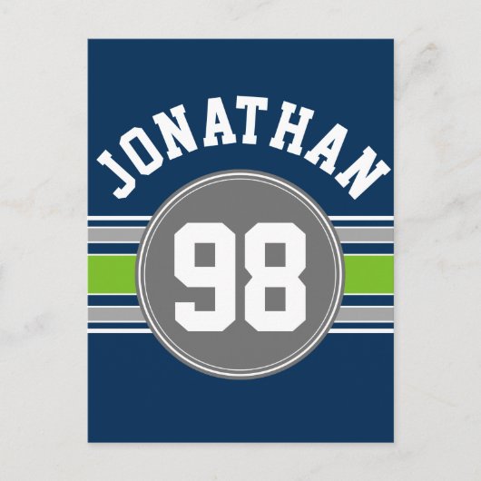 Navy Blue Green Sports Jersey Streifen Name Number Postkarte (Vorderseite)