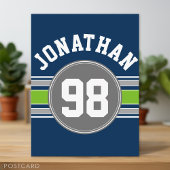 Navy Blue Green Sports Jersey Streifen Name Number Postkarte