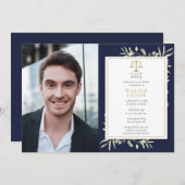 Navy Blue Greenera Law School Graduation Party Inv Einladung (Vorne/Hinten)