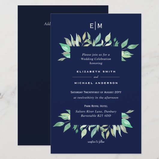 Navy Blue Greenery Blätter Budget Hochzeit Einladu (Vorne/Hinten)