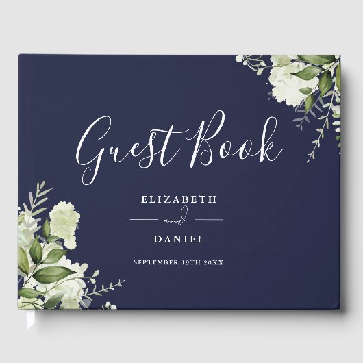 Navy Blue Greenery Floral Photo Wedding Gästebuch (Vorderseite)