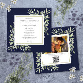 Navy Blue Greenery Foto QR Code Brautparty Einladung