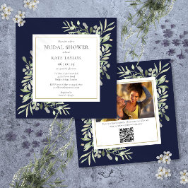 Navy Blue Greenery Foto QR Code Brautparty Einladung