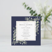 Navy Blue Greenery Foto QR Code Brautparty Einladung (Stehend Vorderseite)