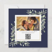 Navy Blue Greenery Foto QR Code Brautparty Einladung (Rückseite)