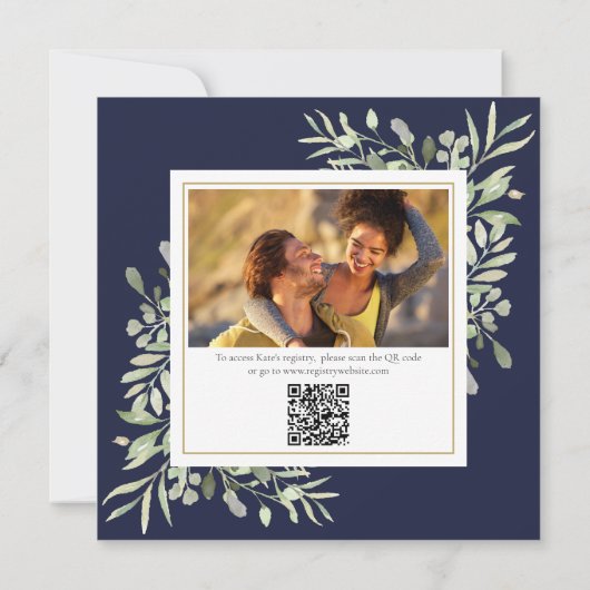 Navy Blue Greenery Foto QR Code Brautparty Einladung (Rückseite)
