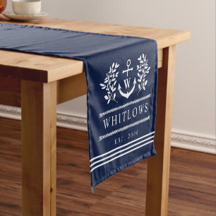 Navy Blue Greenery Nautical Monogram Lake House Kurzer Tischläufer