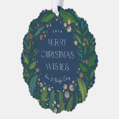 Navy Blue Greenery Wreath Frohe Weihnachten Ornament Karte (Links)