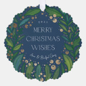 Navy Blue Greenery Wreath Frohe Weihnachten Ornament Karte (Vorderseite)