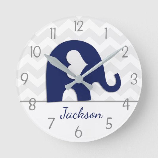 Navy Blue Grey Elephant Kinderzimmer Wall Clock Runde Wanduhr (Vorderseite)