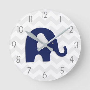 Navy Blue Grey Elephant Nursery Wall Clock Runde Wanduhr