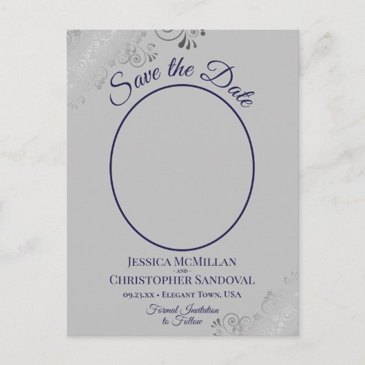 Navy Blue & Grey Lace Wedding Save the Date Foto Ankündigungspostkarte (Vorderseite)