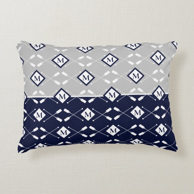 Navy Blue Grey Monogram Paddle Lake House Accent P Dekokissen (Vorderseite)
