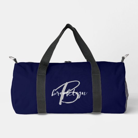 Navy Blue Grey White Script Monogram Duffle Bag (Vorderseite)