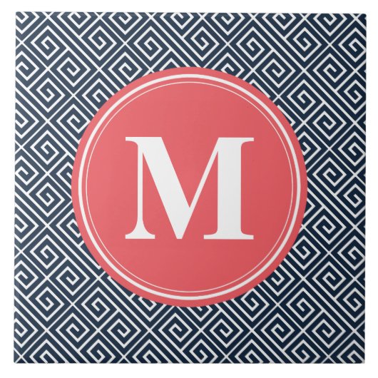 Navy Blue Griechisches Schlüsselmuster Watermelon  Fliese (Vorderseite)