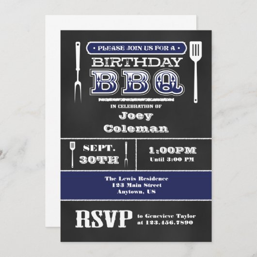 Navy Blue GRILLEN Birthday Chalkboard Einladung (Vorne/Hinten)