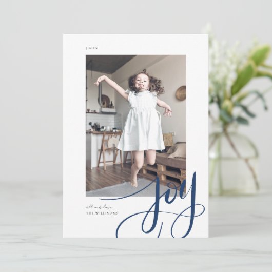 Navy Blue Hand Letter Script Freude Weihnachts-Fot (Stehend Vorderseite)