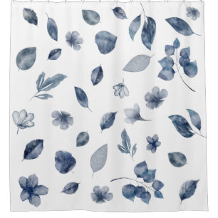 Navy Blue Hand Painted Watercolor Blätter Blume Duschvorhang