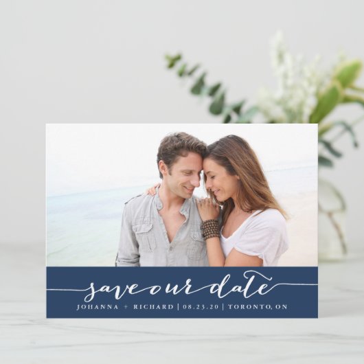 Navy Blue Handschriftlich Save the Date (Stehend Vorderseite)