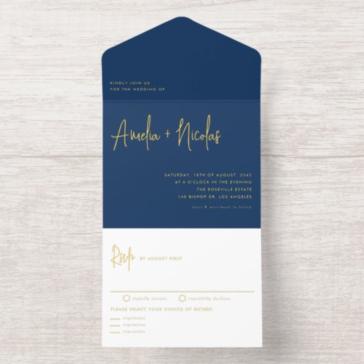 Navy Blue Handwriting Modern Typography Wedding All-in-One-Einladung (Innenseite)