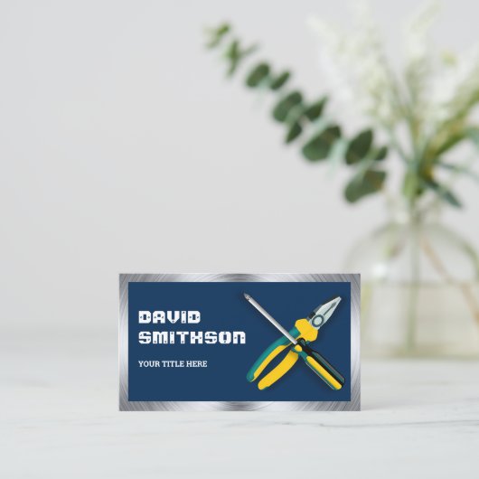 Navy Blue Handyman Reparaturwerkzeuge Elektro Visitenkarte (Stehend Vorderseite)