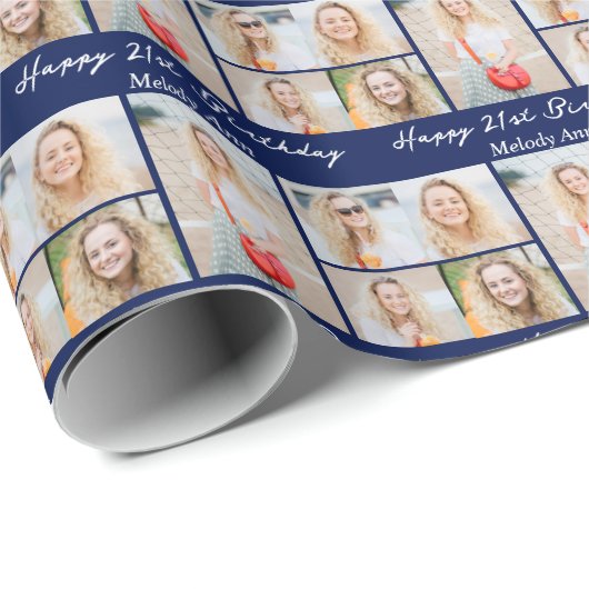 Navy Blue Happy Birthday Photo Collage Geschenkpapier (Rolleneckpunkt)