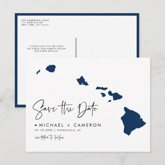Navy Blue Hawaii Staat Karte QR-Code Save the Date (Vorne/Hinten)