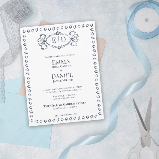 Navy Blue Heirloom Crest Monogram Formal Wedding Einladungspostkarte