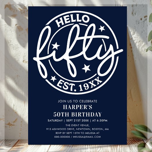 Navy Blue Hello 50. Geburtstag Einladung