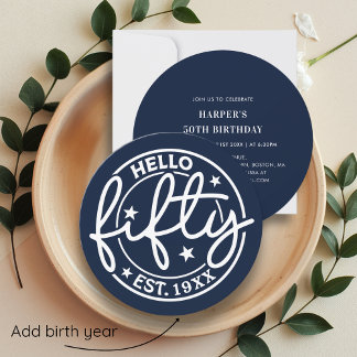 Navy Blue Hello 50. Geburtstag Einladung
