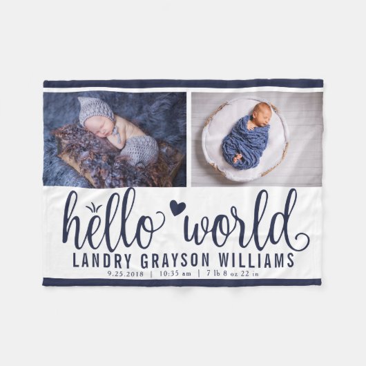 Navy Blue Hello World Monogram Baby Stat Fleecedecke (Vorderseite (Horizontal))